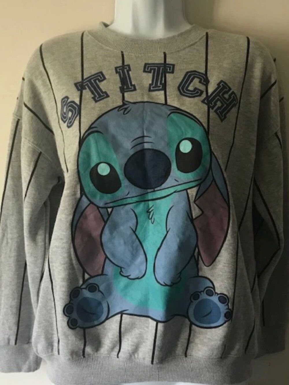 DISNEY Graphic Stitch Sweatshirt Gray Stripes - Size M